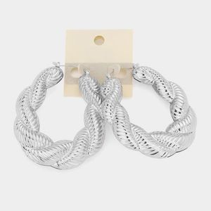 Silver Textured 14K Bamboo Doorknocker Hoop Earrings 3" Twisted Fashion